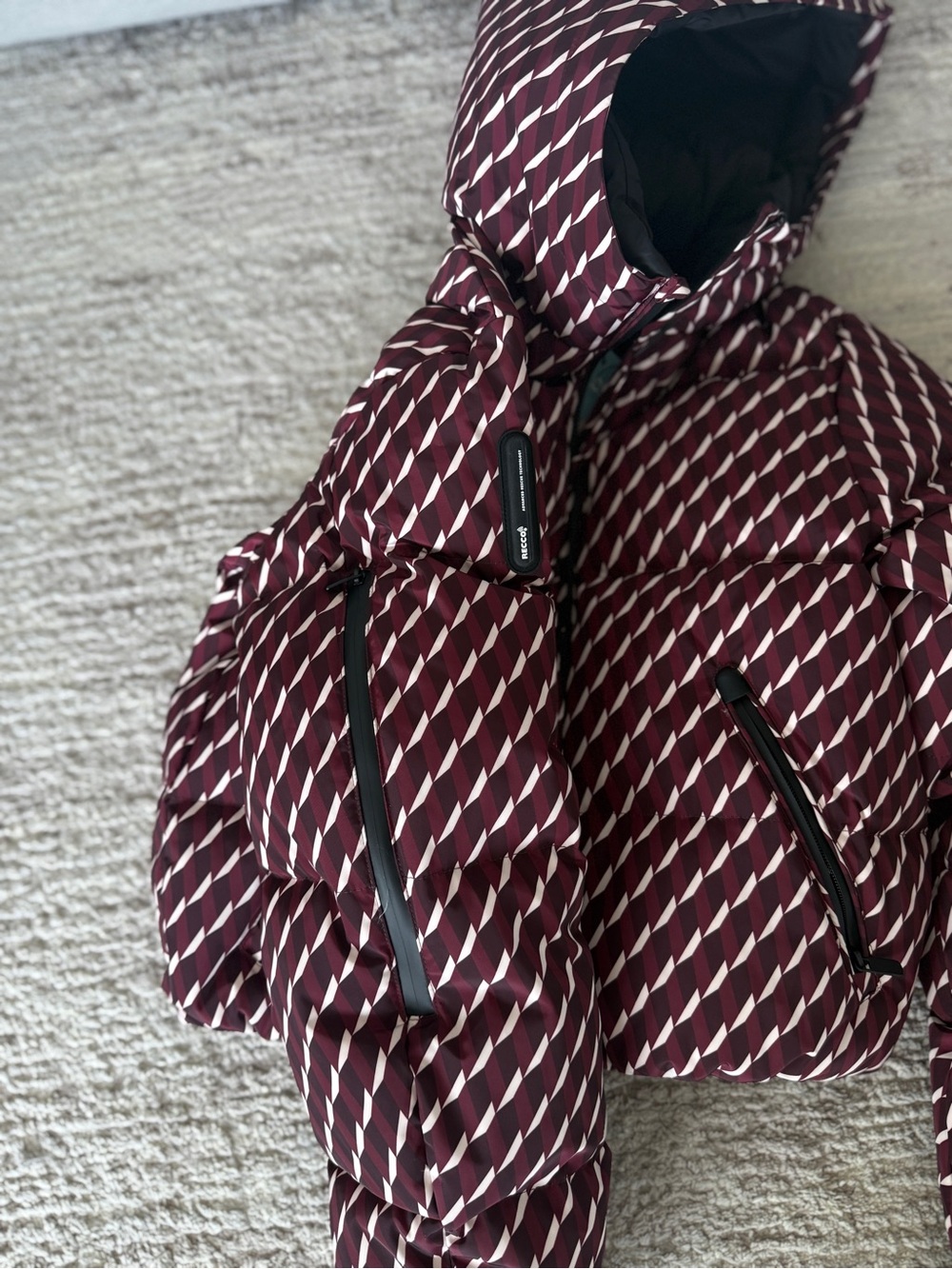 Ski Collection Quilted Puffer Jacket with Burgundy Geometric Trim Size S
